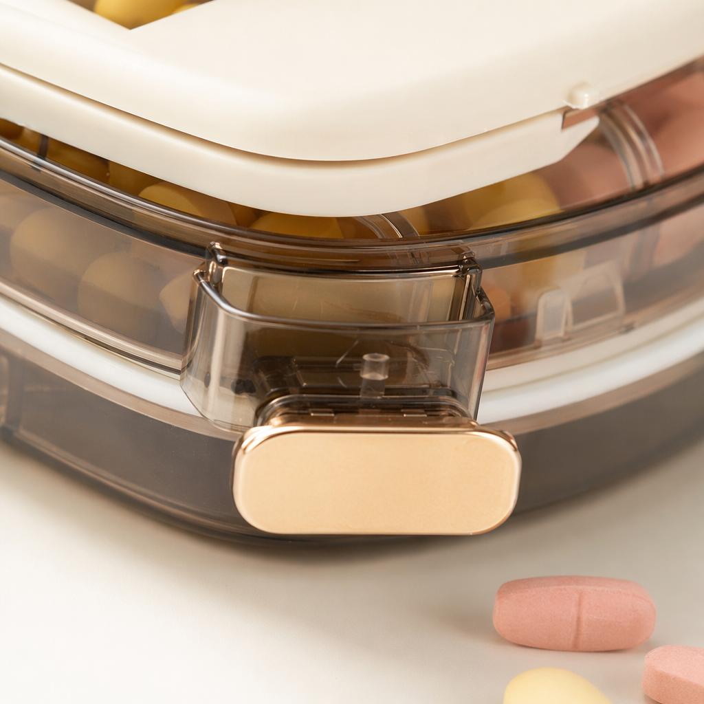 The white transparent compartmented portable medicine box with a hand-held lid is convenient for opening and carrying medicine around Application Scenario