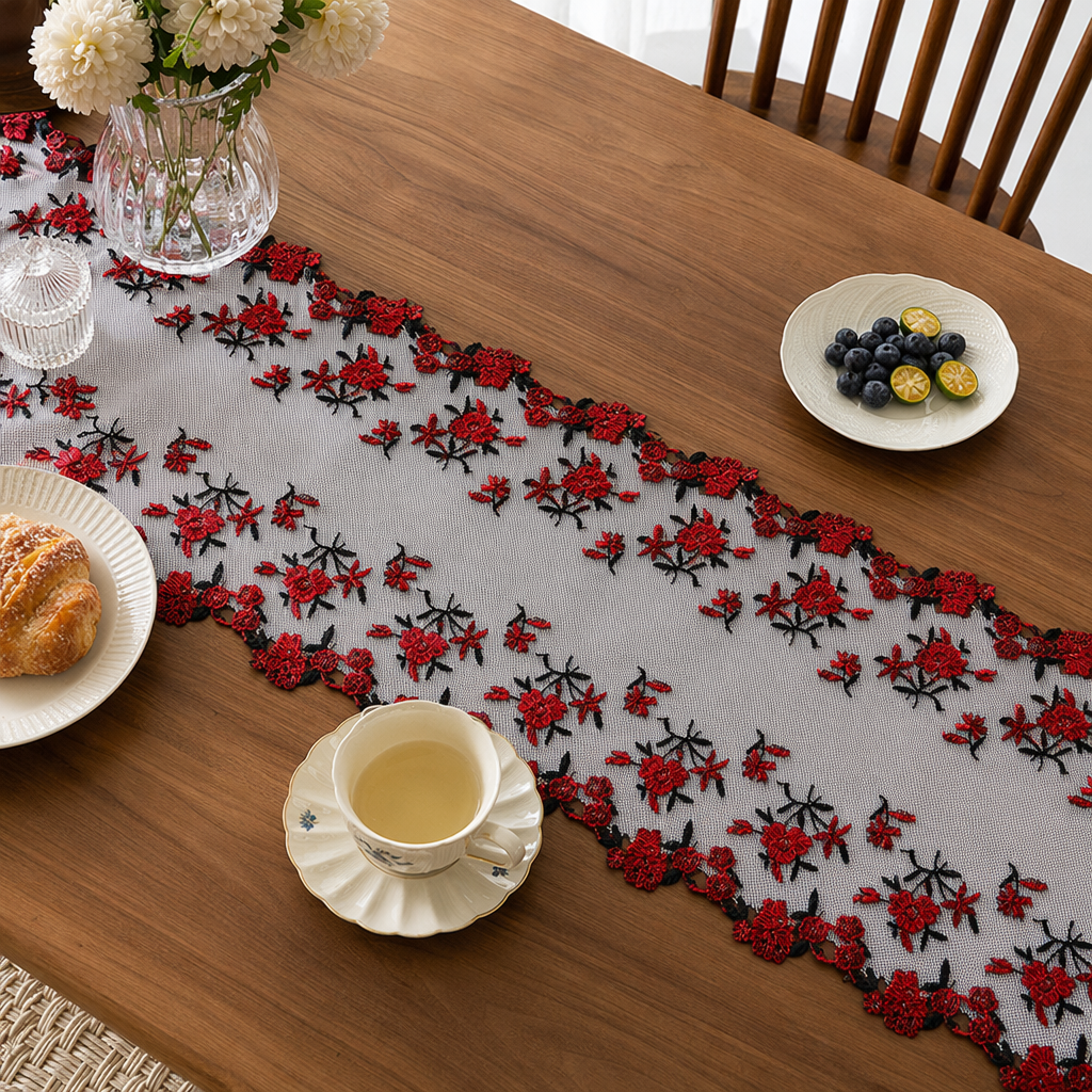 DIY handcrafted decorative lace edge fabric with red embroidered floral patterns details Picture