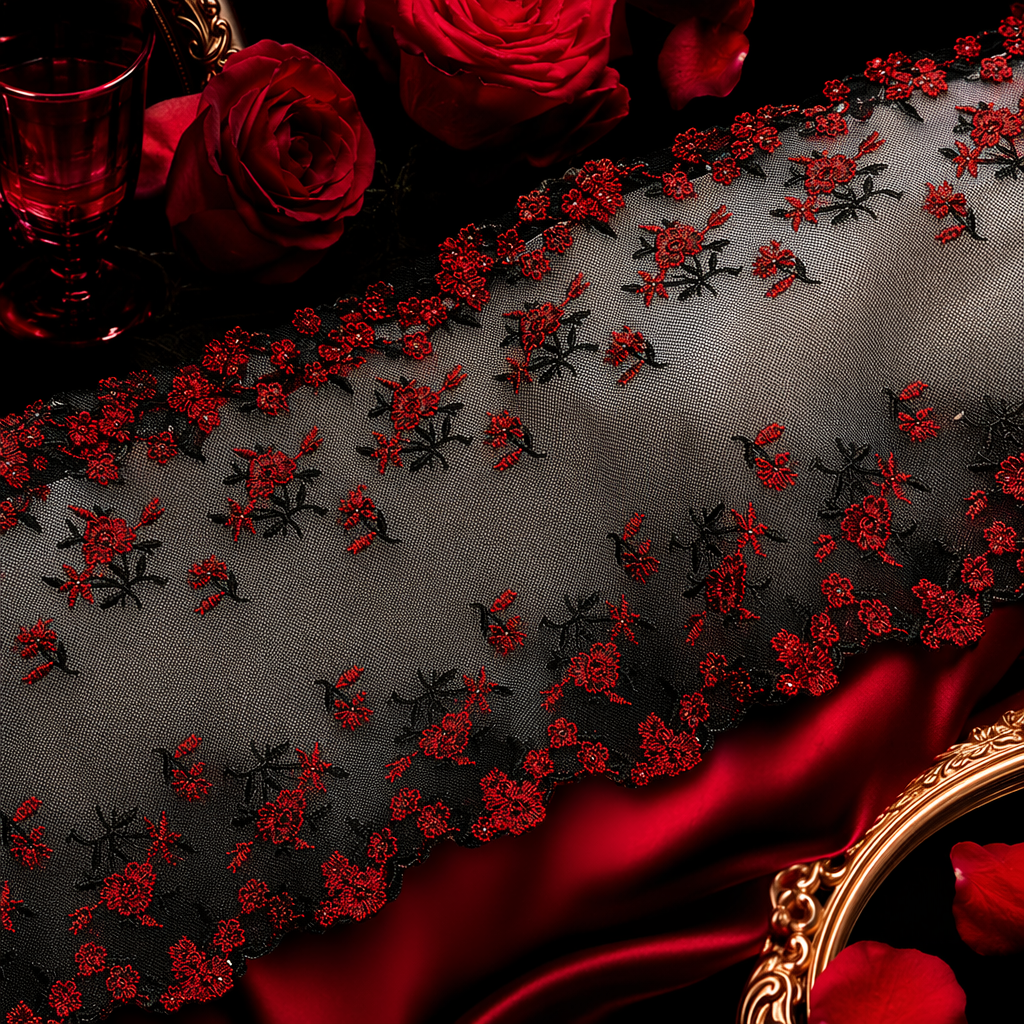DIY handcrafted decorative lace edge fabric with red embroidered floral patterns Specification image