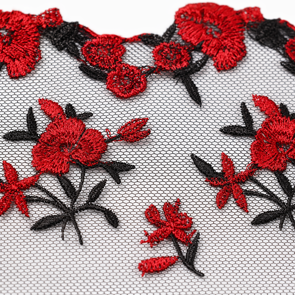 DIY handcrafted decorative lace edge fabric with red embroidered floral patterns Application Scenario