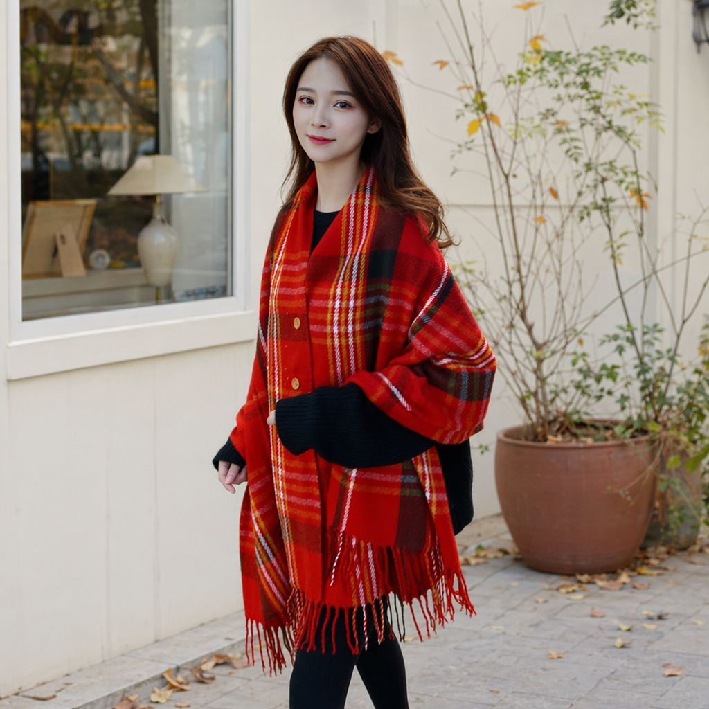 The red checkered scarf shawl is warm in autumn and winter. Made of pure cotton, it is fashionable and versatile details Picture