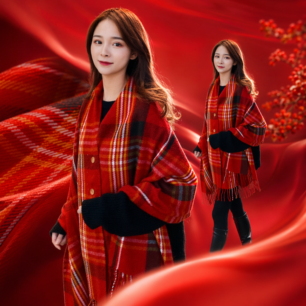 The red checkered scarf shawl is warm in autumn and winter. Made of pure cotton, it is fashionable and versatile Specification image
