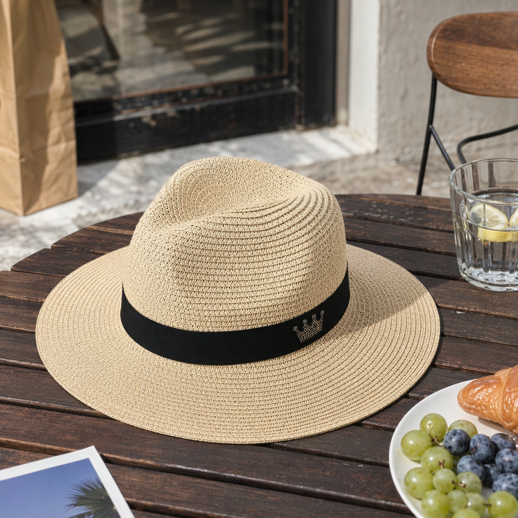 A beige straw hat with black ribbons and a crown decoration details Picture