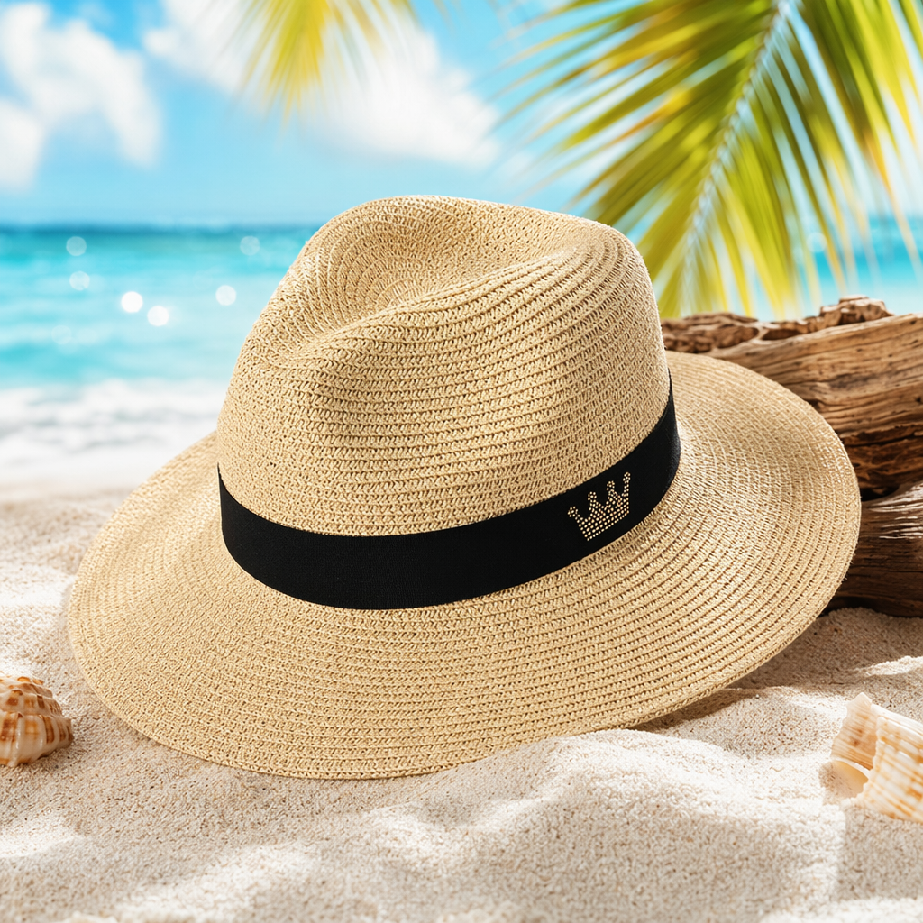 A beige straw hat with black ribbons and a crown decoration Specification image