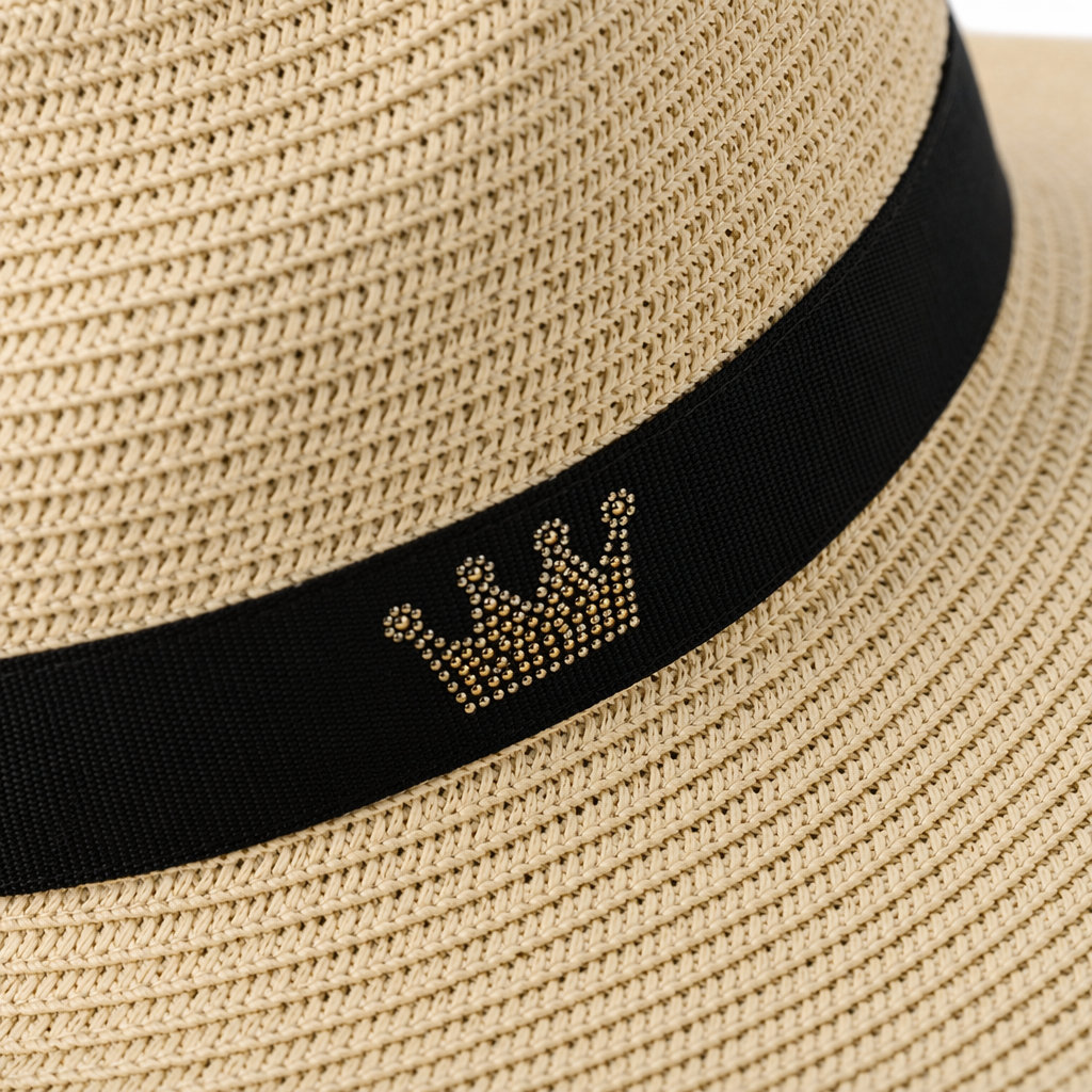 A beige straw hat with black ribbons and a crown decoration Application Scenario