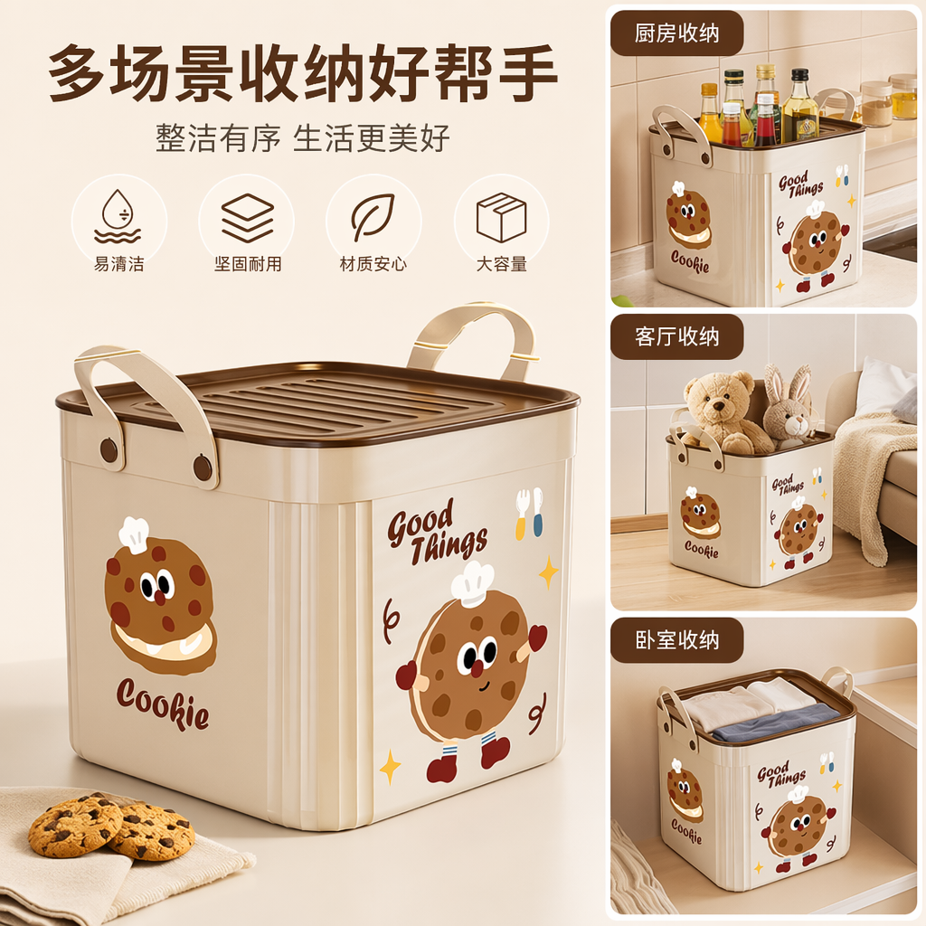 Cream-colored square PP material covered storage box for bedroom desktop organization full image