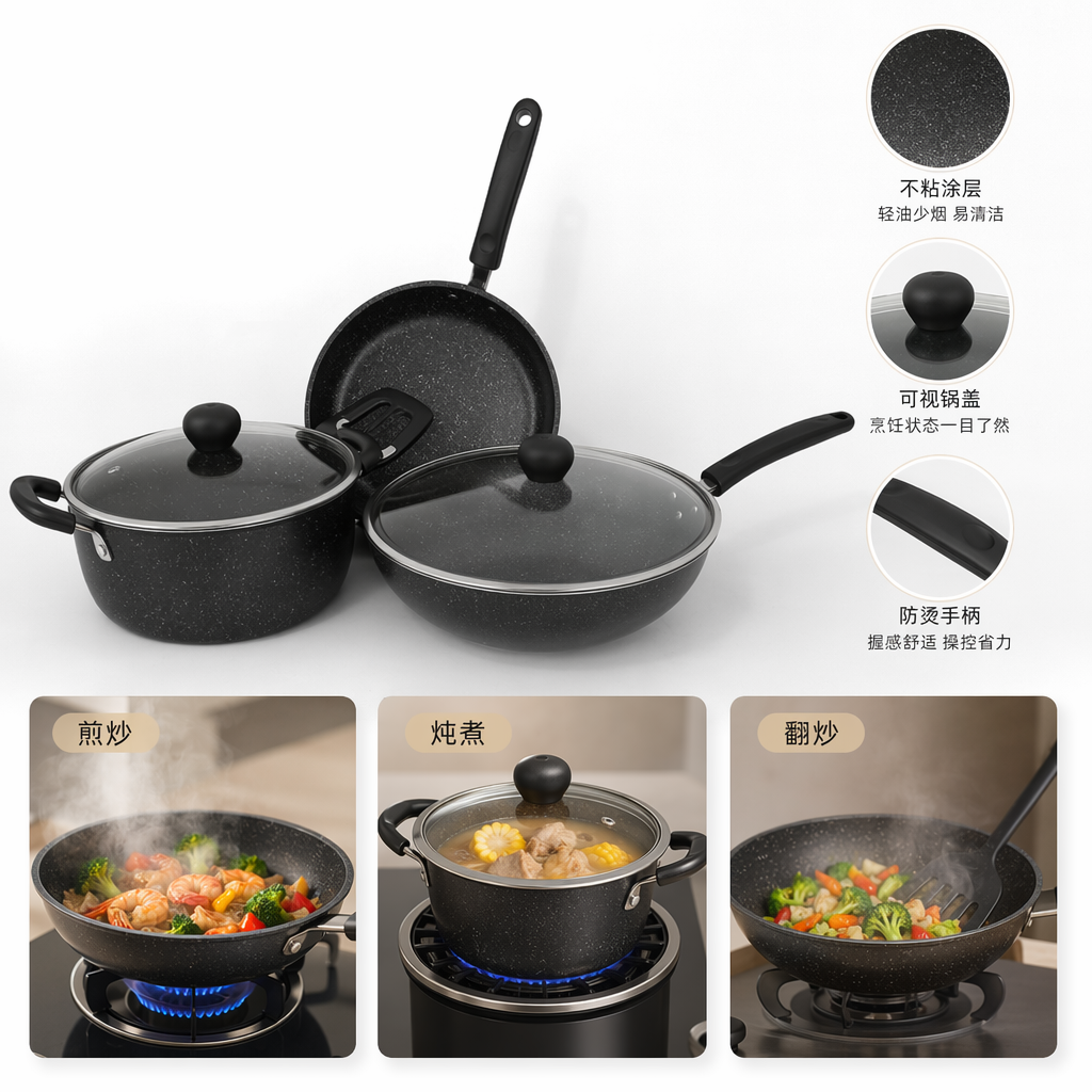 Black non-stick cookware set, a multi-functional kitchen cookware for home frying, stir-frying, stewing and boiling