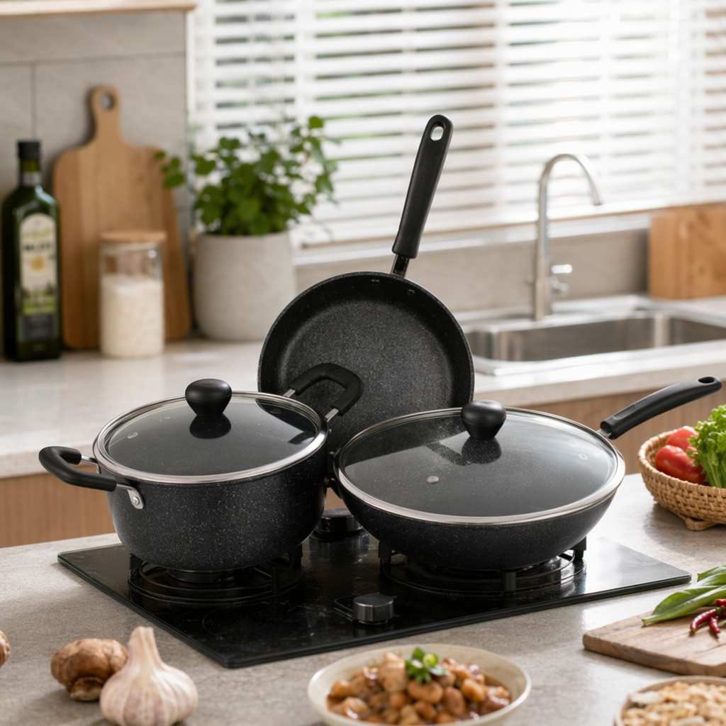Black non-stick cookware set, a multi-functional kitchen cookware for home frying, stir-frying, stewing and boiling details Picture