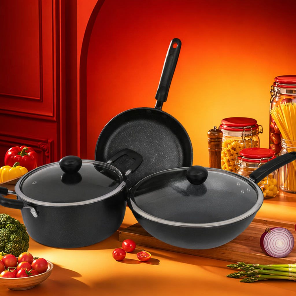 Black non-stick cookware set, a multi-functional kitchen cookware for home frying, stir-frying, stewing and boiling Specification image