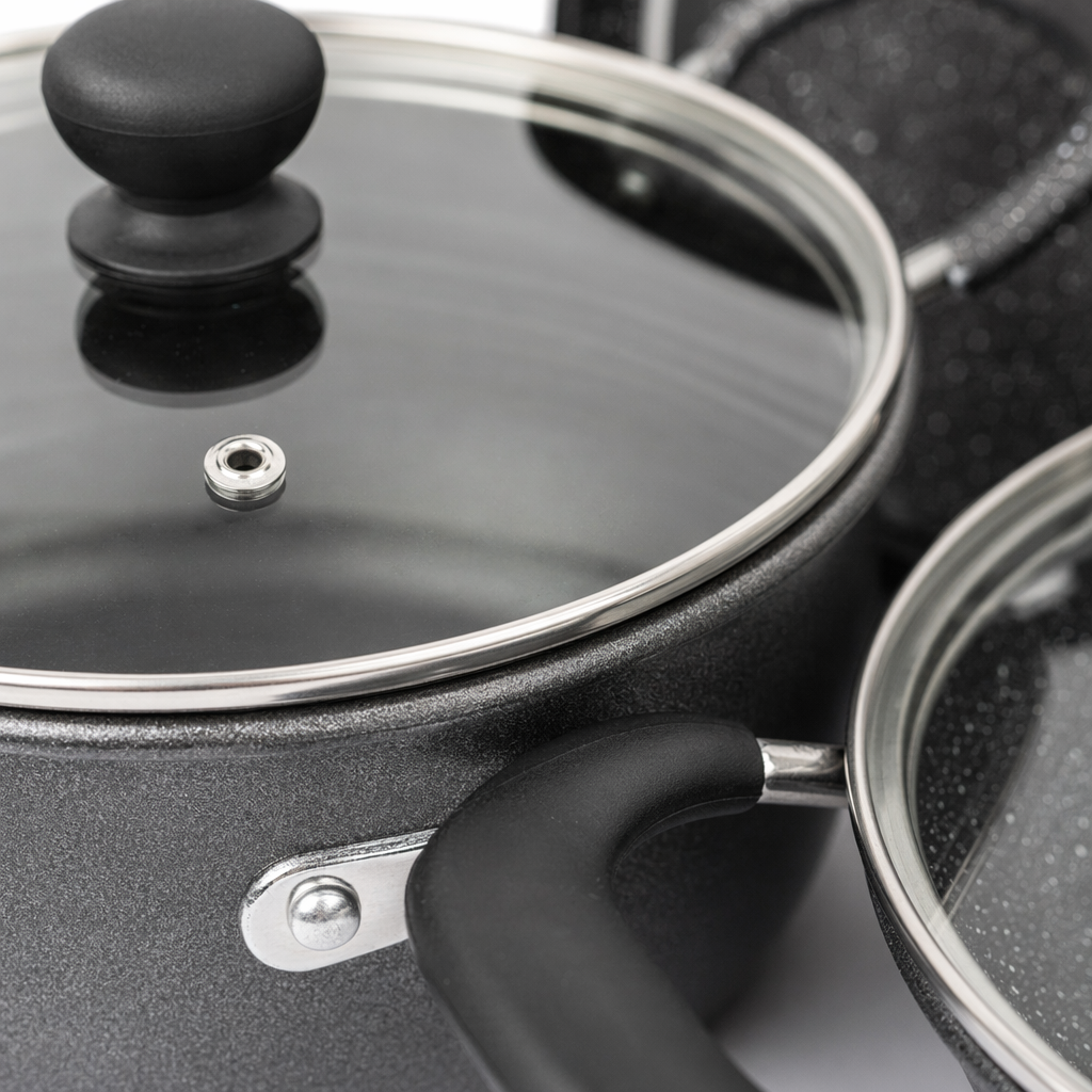 Black non-stick cookware set, a multi-functional kitchen cookware for home frying, stir-frying, stewing and boiling Application Scenario