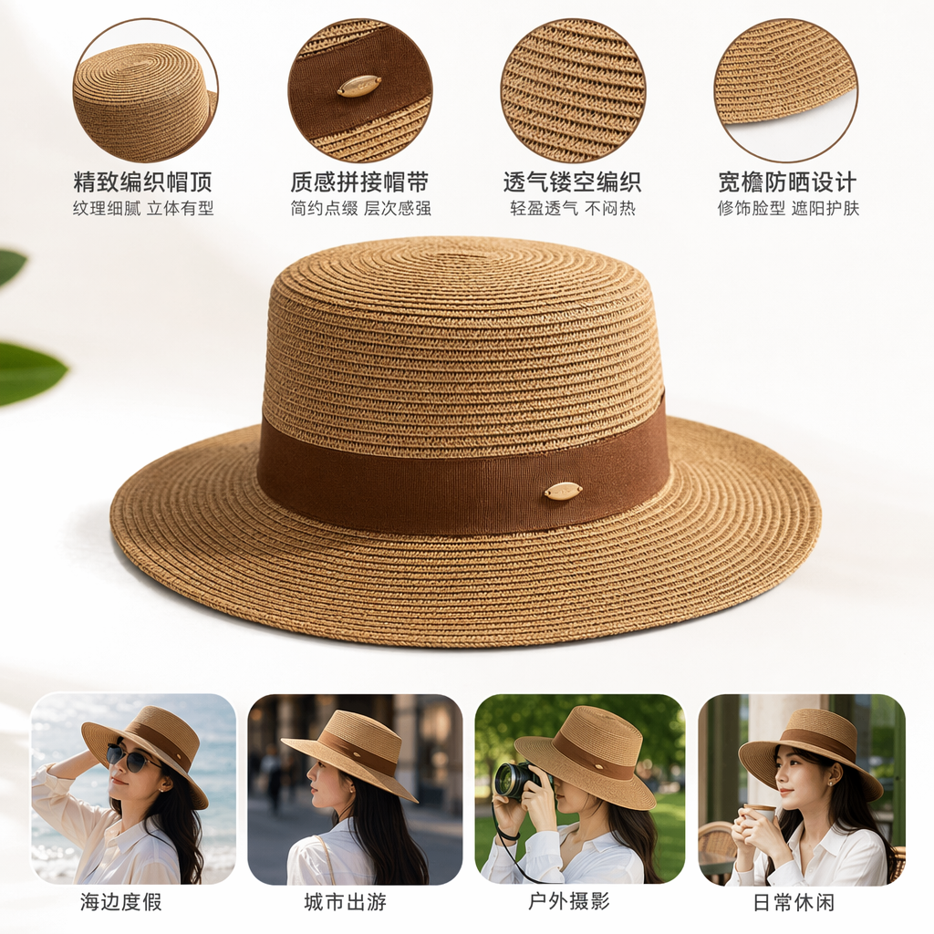 米色草编礼帽带棕色丝带金属扣饰夏季遮阳女帽