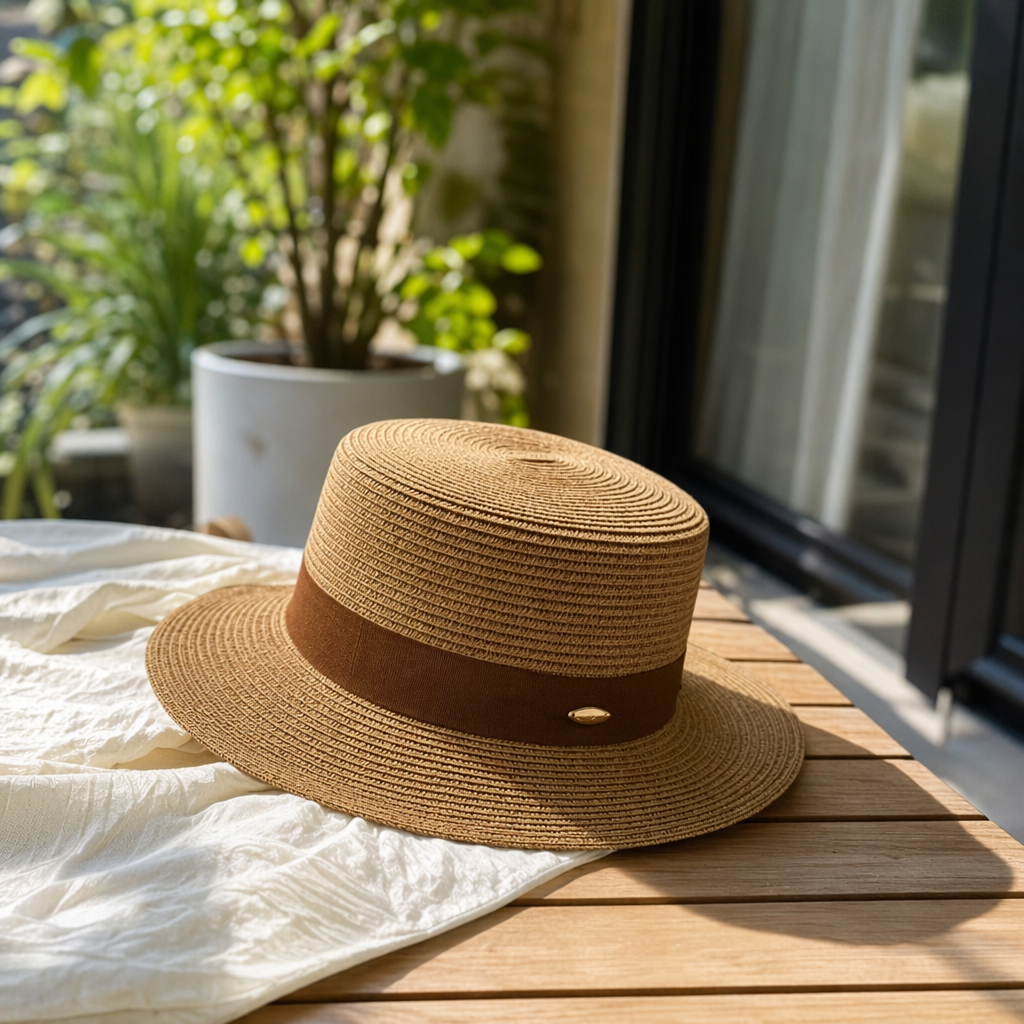 A beige straw-woven top hat with brown ribbon metal fasteners for women's summer sun protection details Picture