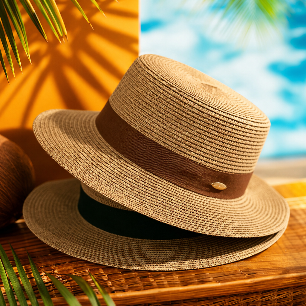 A beige straw-woven top hat with brown ribbon metal fasteners for women's summer sun protection Specification image