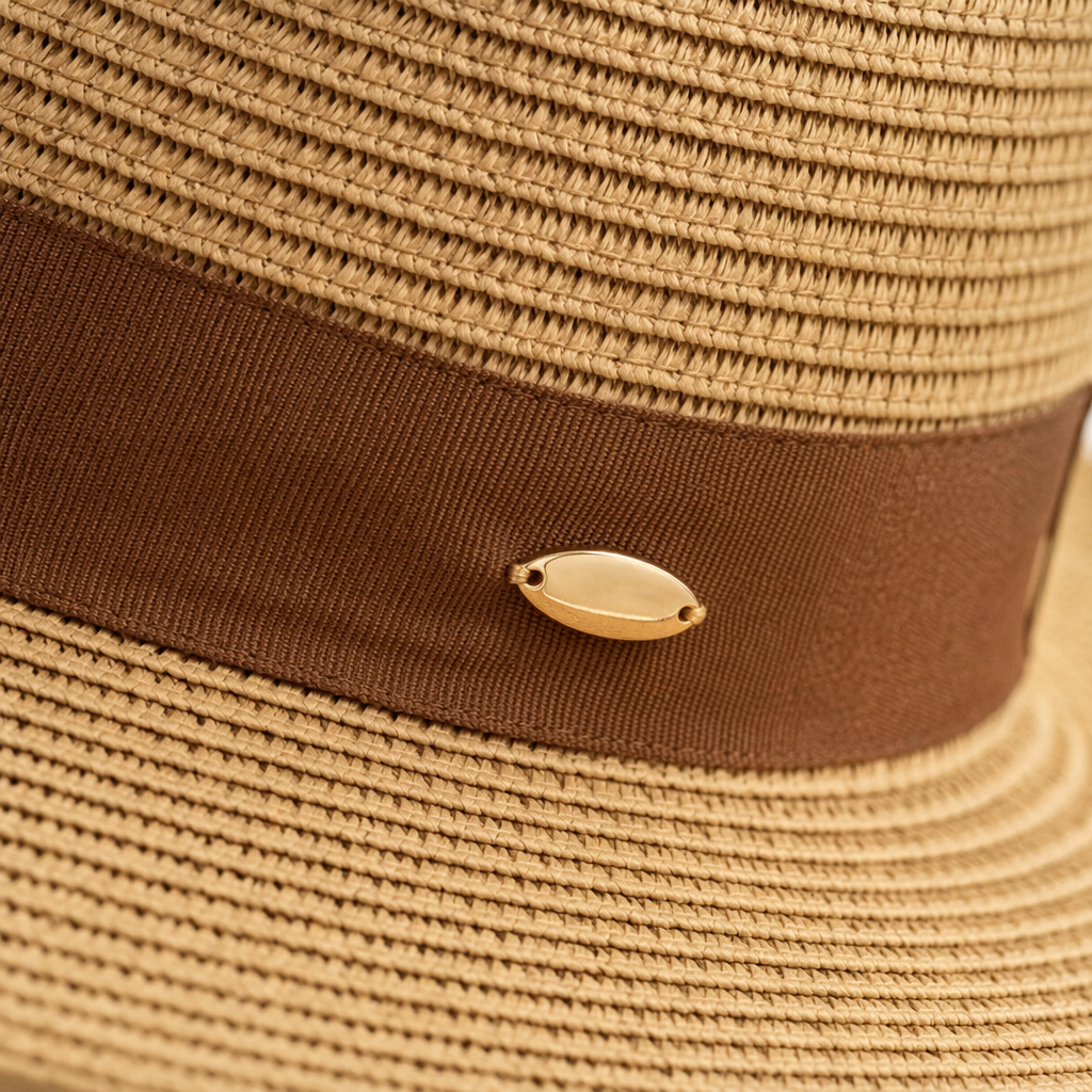 A beige straw-woven top hat with brown ribbon metal fasteners for women's summer sun protection Application Scenario