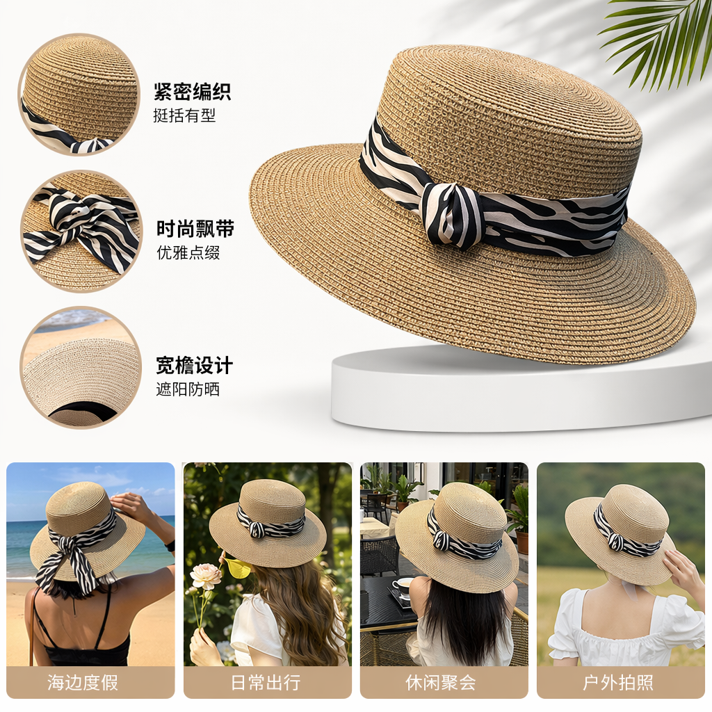 A beige straw hat with a zebra-striped ribbon for summer