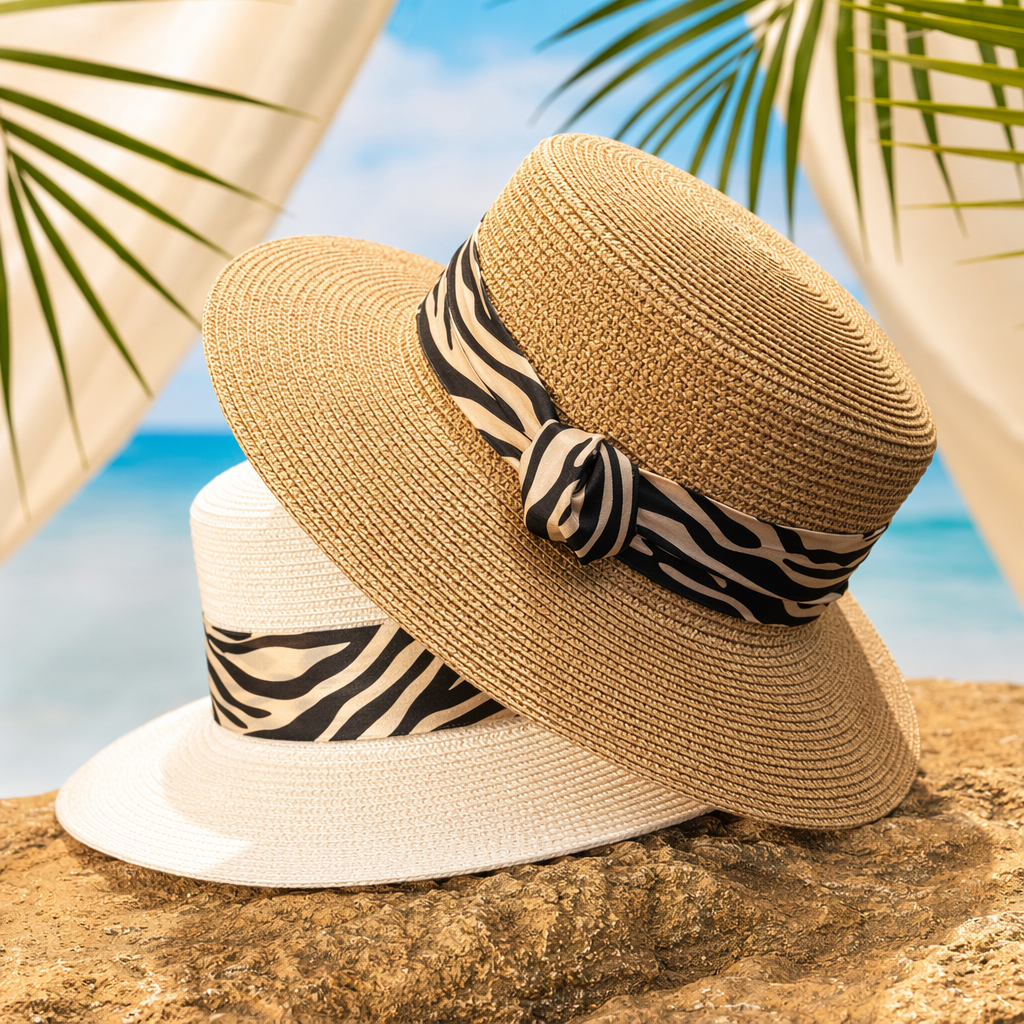 A beige straw hat with a zebra-striped ribbon for summer Specification image