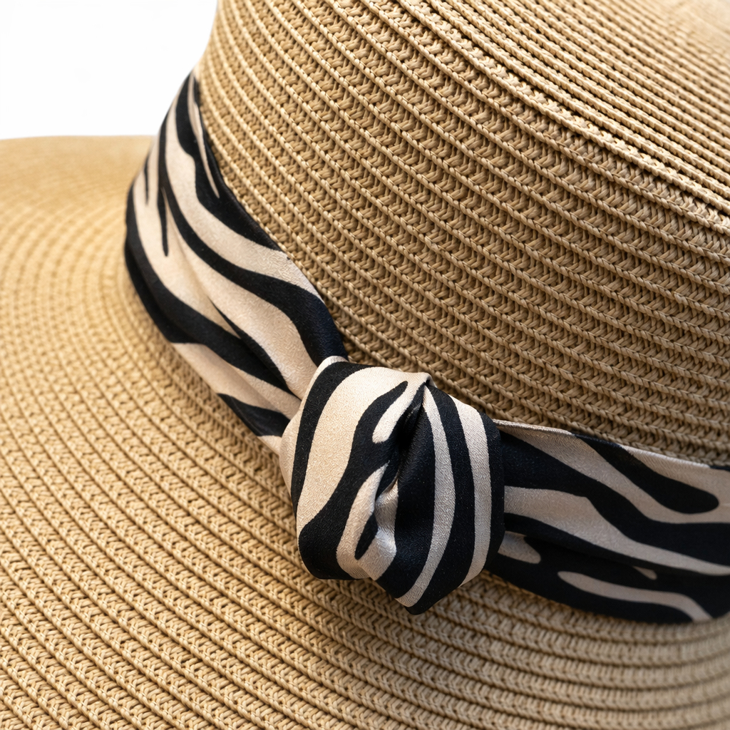 A beige straw hat with a zebra-striped ribbon for summer Application Scenario
