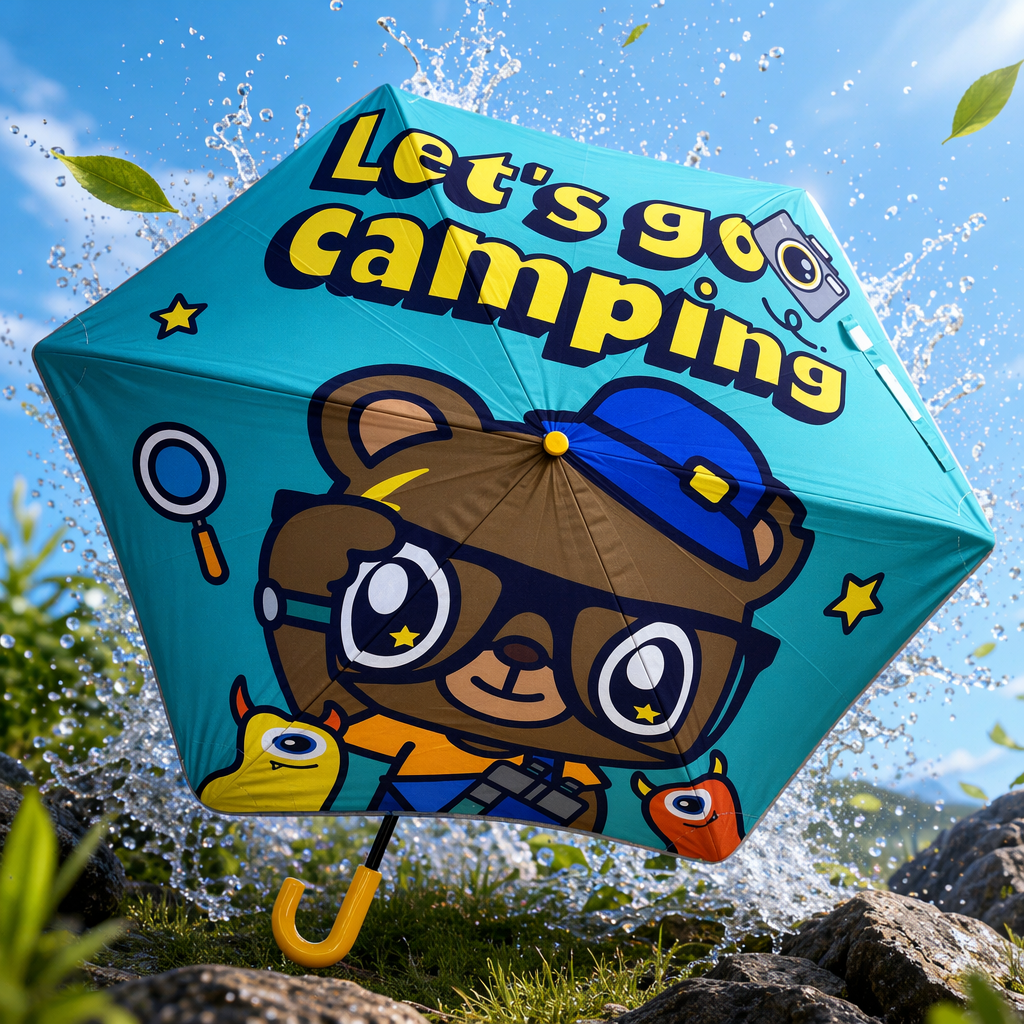 The light green cartoon bear camping-themed umbrella has the "Let's go camping" camera magnifying glass pattern printed on the umbrella surface, the name, the strap, the fiber bone umbrella, and the sunshade umbrella details Picture