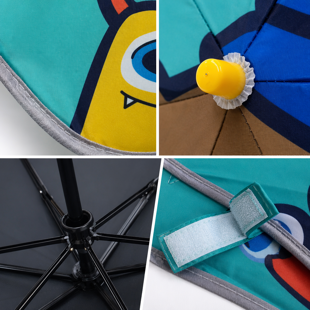 The light green cartoon bear camping-themed umbrella has the "Let's go camping" camera magnifying glass pattern printed on the umbrella surface, the name, the strap, the fiber bone umbrella, and the sunshade umbrella Specification image