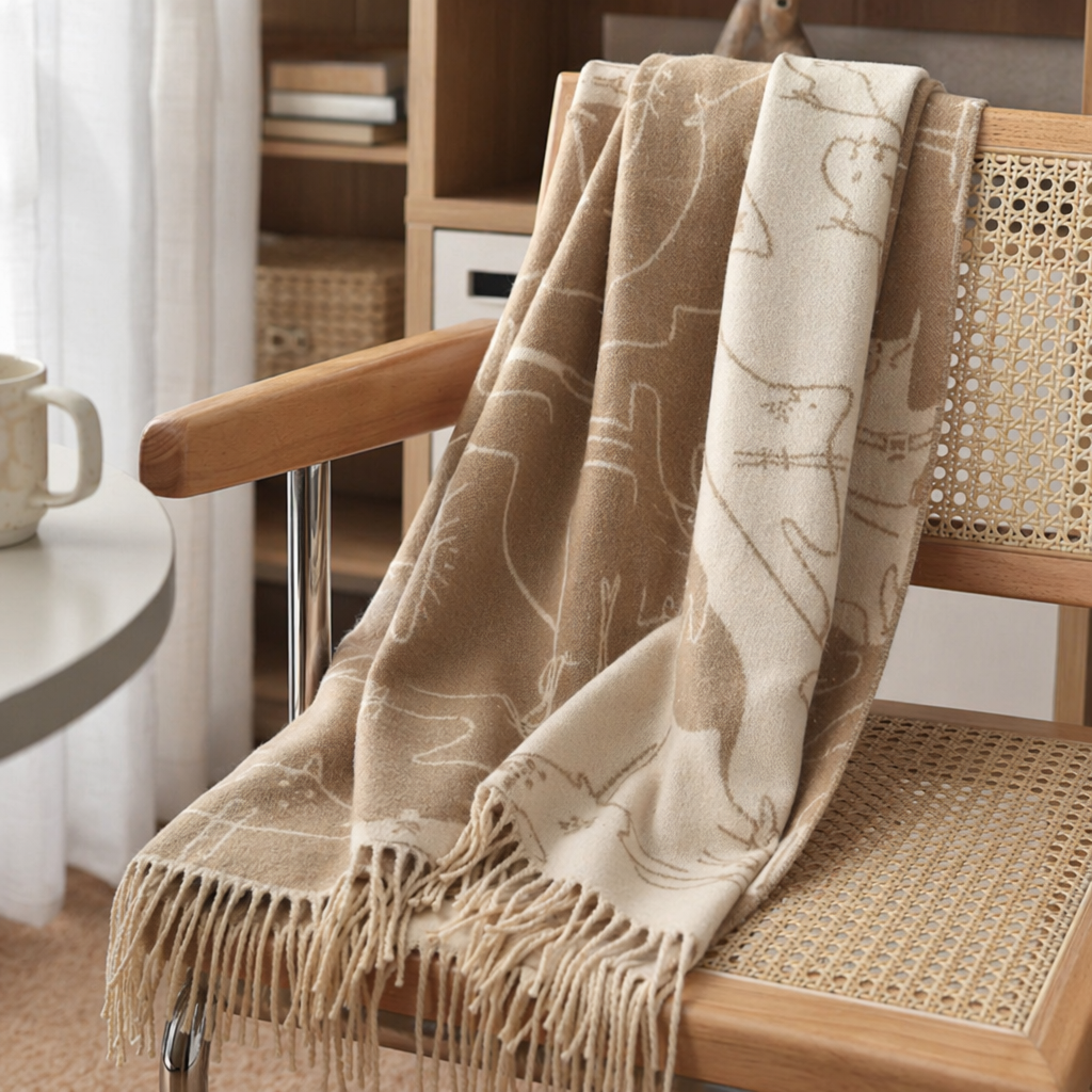 The beige cat-patterned pure cotton scarf is warm in autumn and winter, fashionable and versatile for women details Picture
