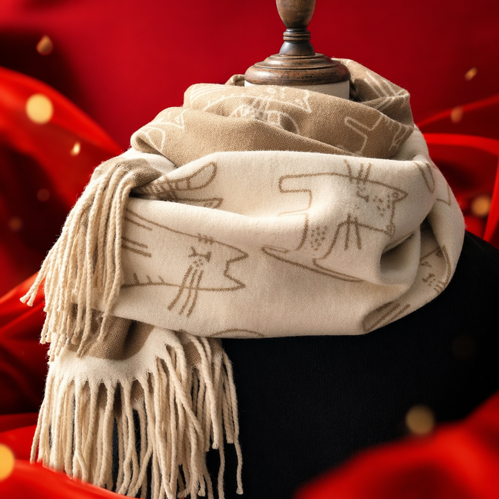The beige cat-patterned pure cotton scarf is warm in autumn and winter, fashionable and versatile for women Specification image