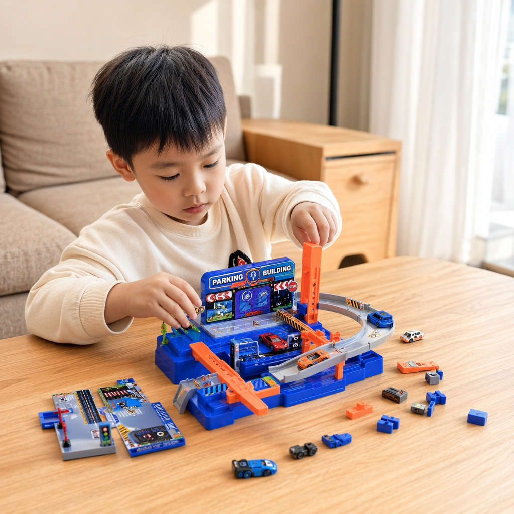 Blue packaging toy car parking lot set, children's educational track assembly car model details Picture