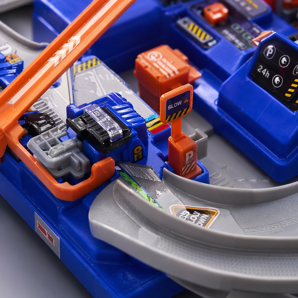 Blue packaging toy car parking lot set, children's educational track assembly car model Application Scenario