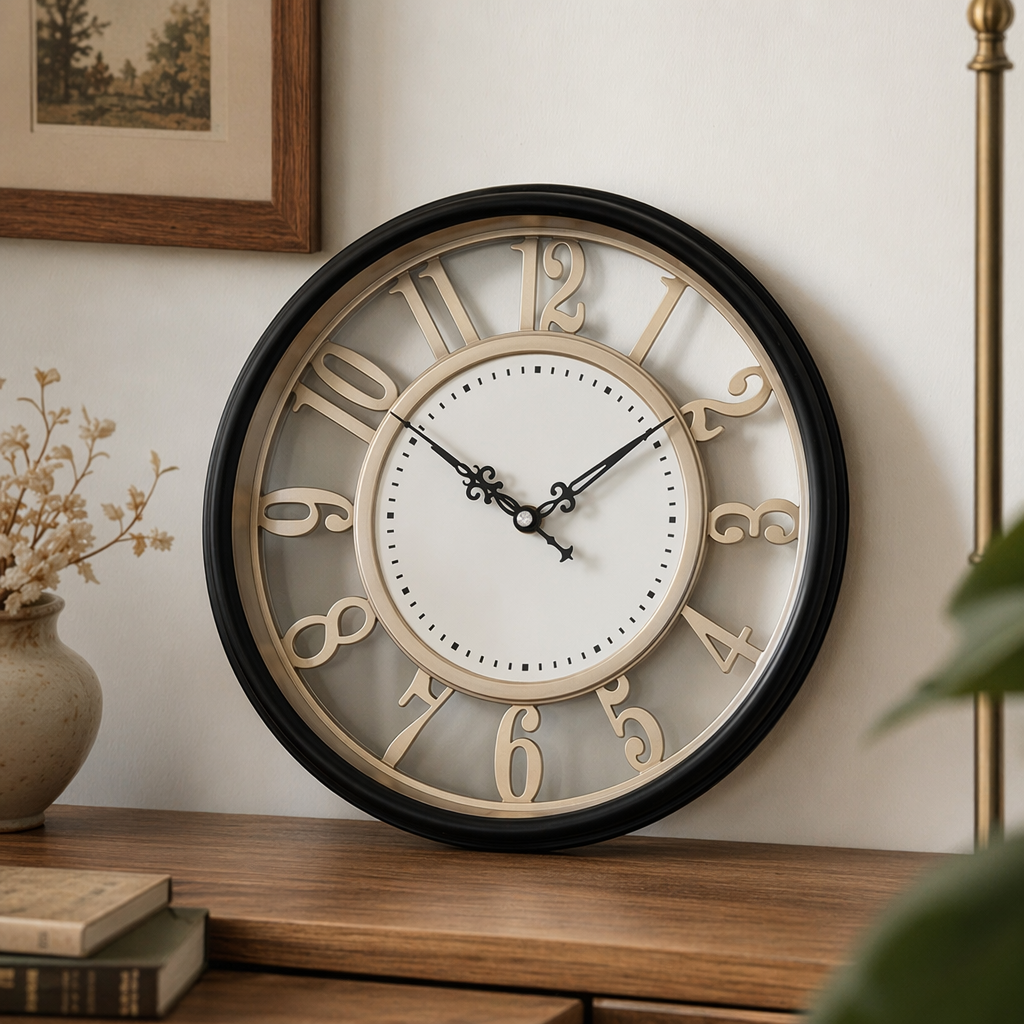 A modern and simple wall-mounted clock with black borders and golden numbers for the living room and bedroom details Picture