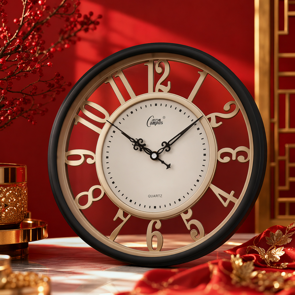 A modern and simple wall-mounted clock with black borders and golden numbers for the living room and bedroom Specification image