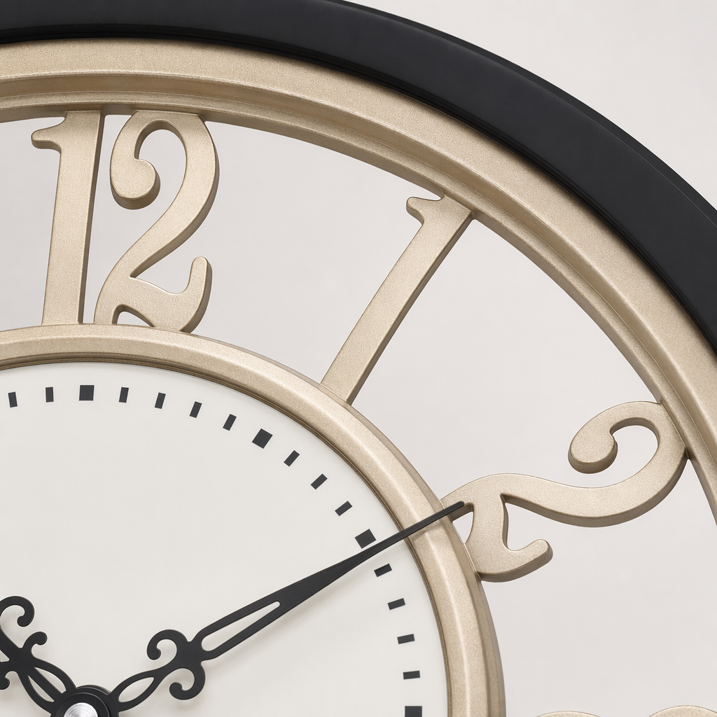 A modern and simple wall-mounted clock with black borders and golden numbers for the living room and bedroom Application Scenario