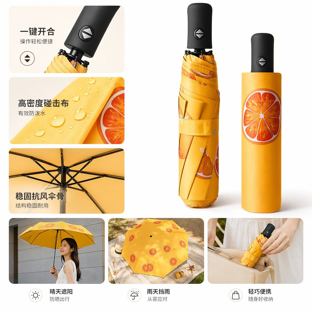 Yellow orange patterned umbrella, 32cm steel frame, thickened canopy, waterproof and portable Yellow orange patterned umbrella, 32cm steel frame, thickened canopy, waterproof and portable