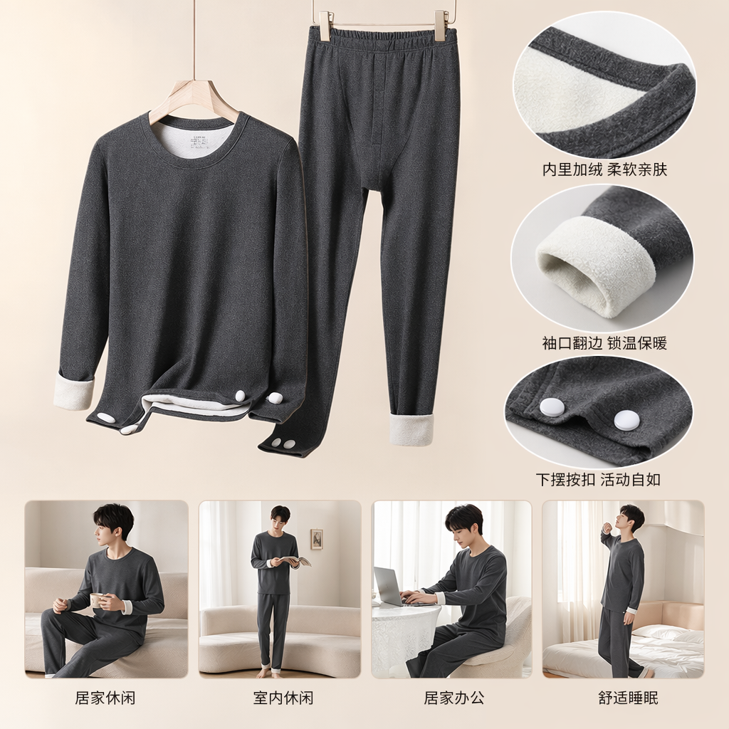 灰色羊毛保暖蚕丝养肤家居服套装女秋冬加厚舒适亲肤