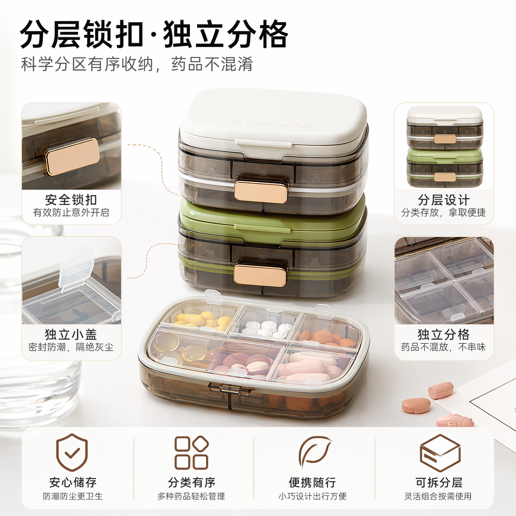 十格分装药盒透明带金色扣件配白绿密封药盒