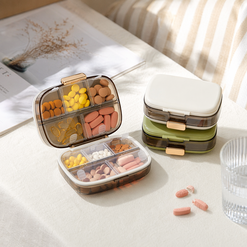 The ten-compartment medicine box is transparent with golden fasteners and comes with a white and green sealed medicine box details Picture