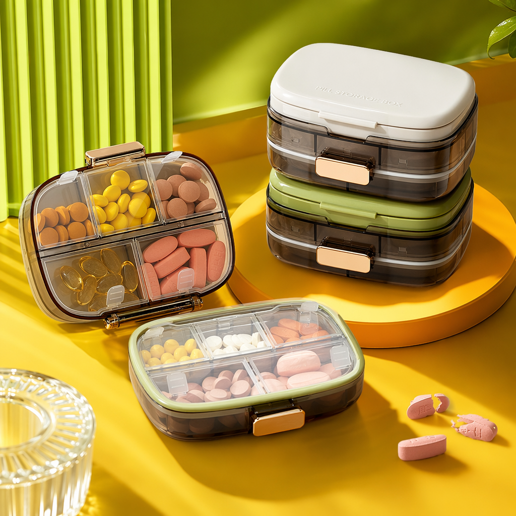 The ten-compartment medicine box is transparent with golden fasteners and comes with a white and green sealed medicine box Specification image