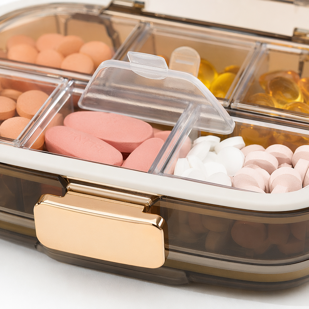 The ten-compartment medicine box is transparent with golden fasteners and comes with a white and green sealed medicine box Application Scenario