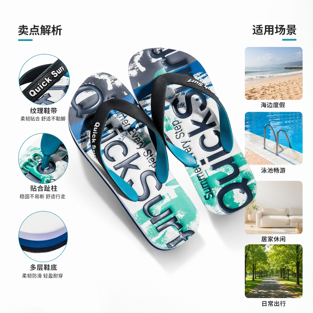 蓝绿白印花人字拖 女款夏季防滑舒适凉拖图