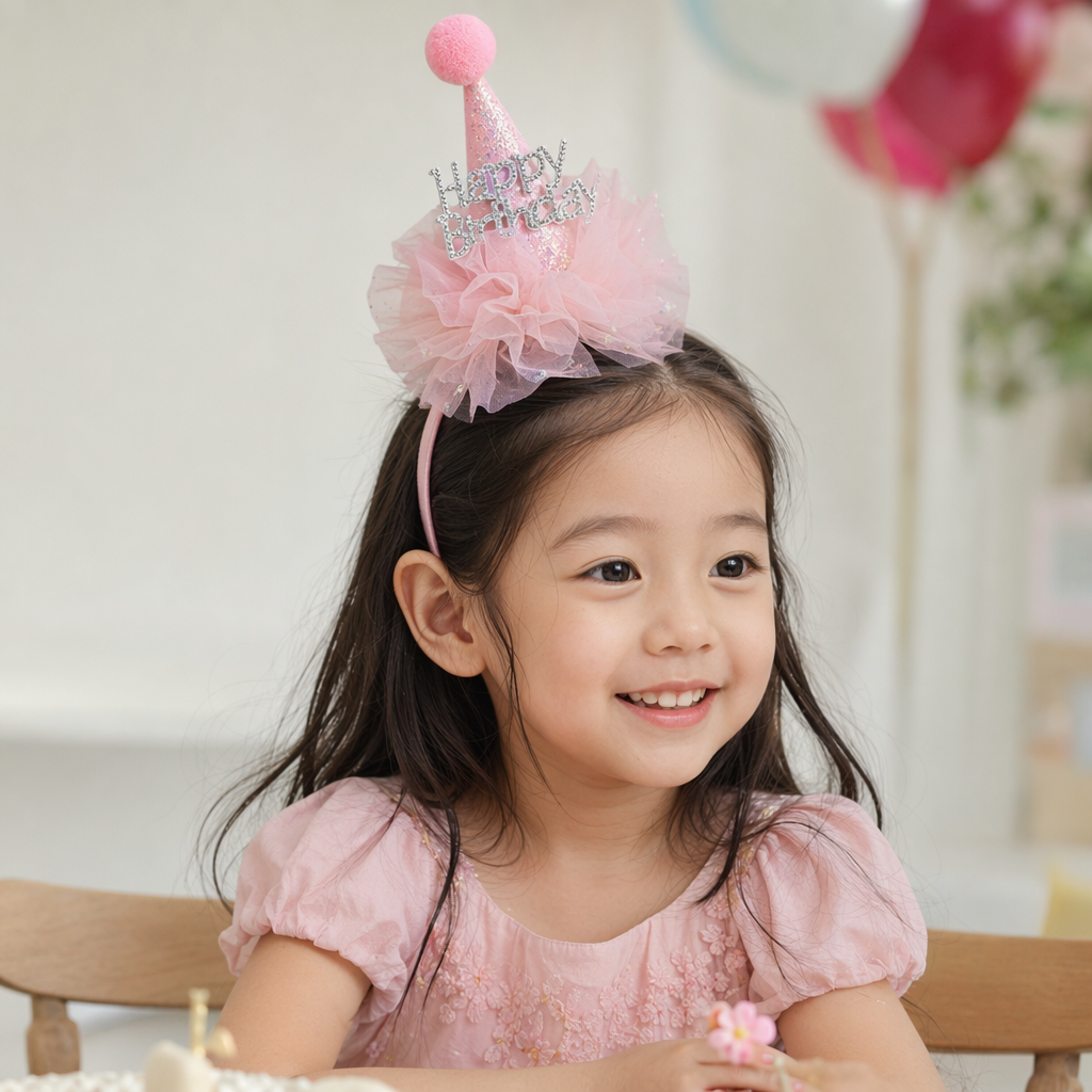 Pink Birthday hat, hairband, sequined pointed top, fluffy ball, gauze garland, Happy Birthday, silver diamond details Picture