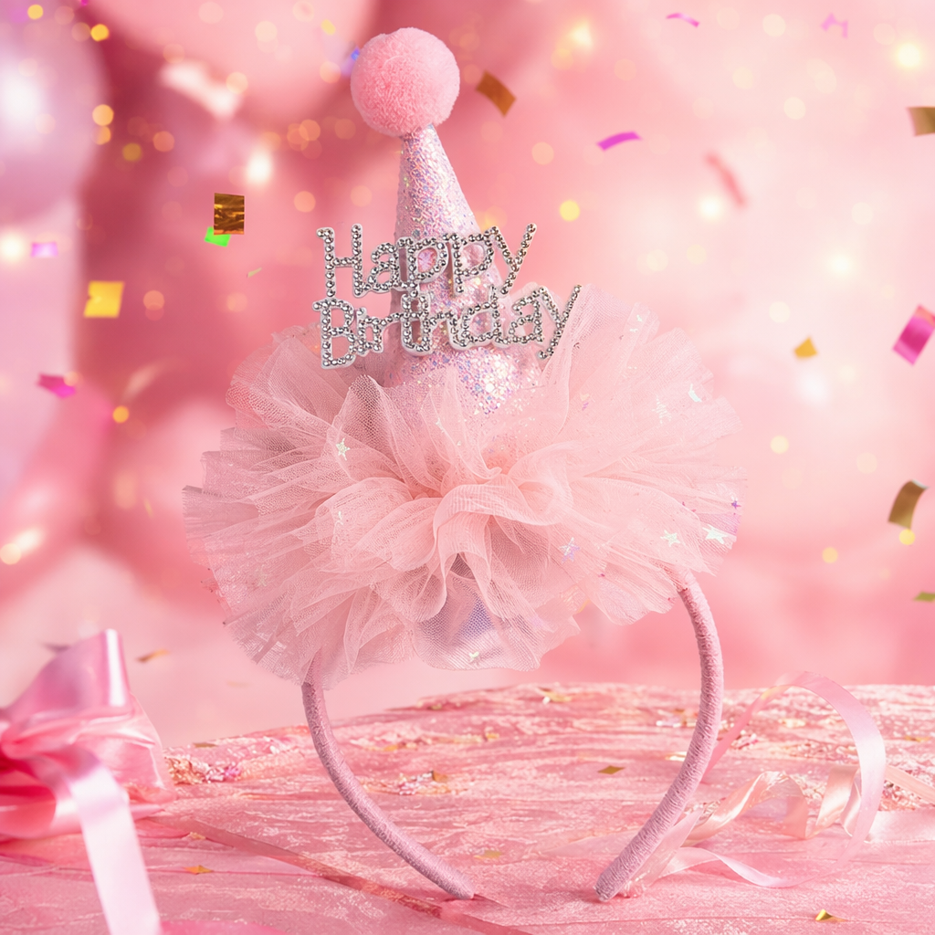 Pink Birthday hat, hairband, sequined pointed top, fluffy ball, gauze garland, Happy Birthday, silver diamond Specification image