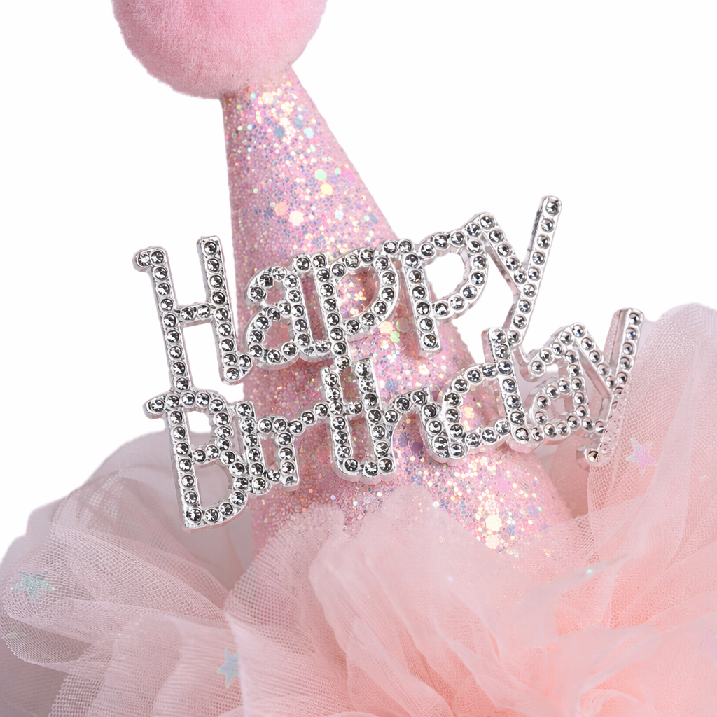 Pink Birthday hat, hairband, sequined pointed top, fluffy ball, gauze garland, Happy Birthday, silver diamond Application Scenario