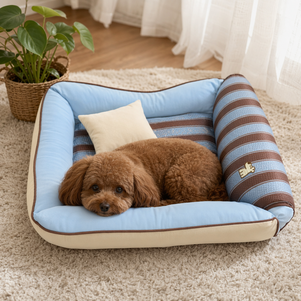 A blue and brown striped pet bed with beige small pillows, thickened cotton and linen pet bed for dogs and cats details Picture