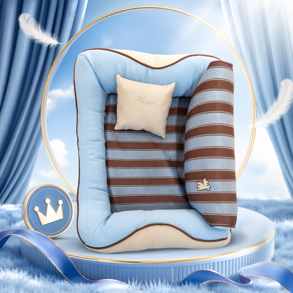 A blue and brown striped pet bed with beige small pillows, thickened cotton and linen pet bed for dogs and cats Specification image