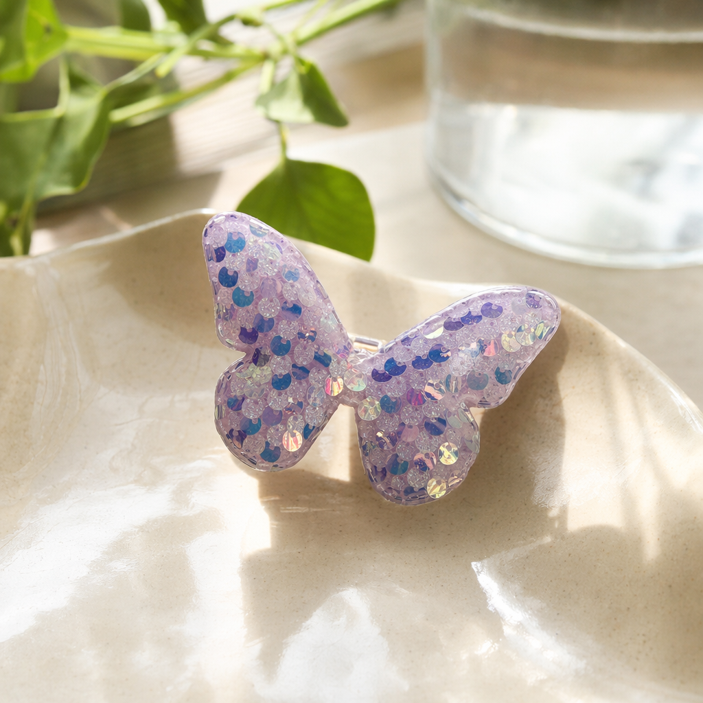 Pink sequined butterfly hair accessory, cute headwear for girls, sweet style decoration details Picture