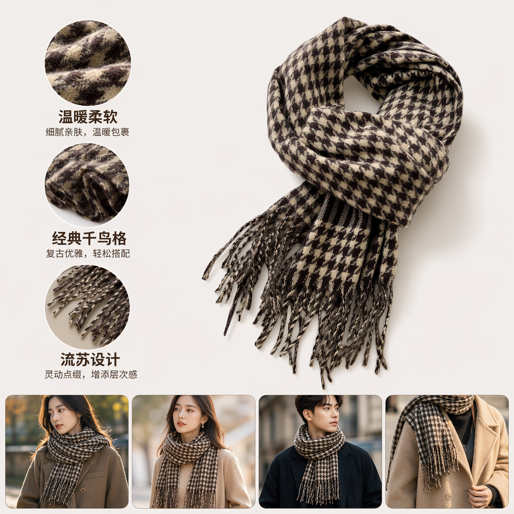 The brown and beige checkered pure cotton scarf is warm, fashionable and versatile for autumn and winter