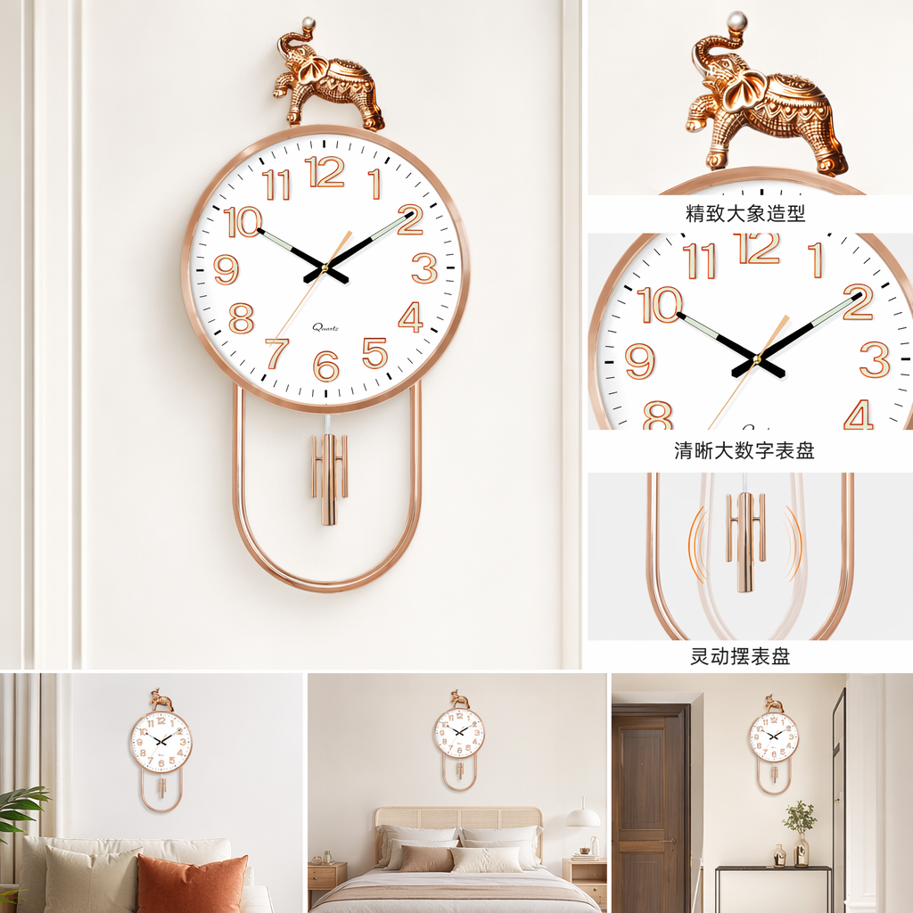 A golden elephant-decorated wall clock, a simple Nordic-style silent wall-mounted clock for the living room and bedroom