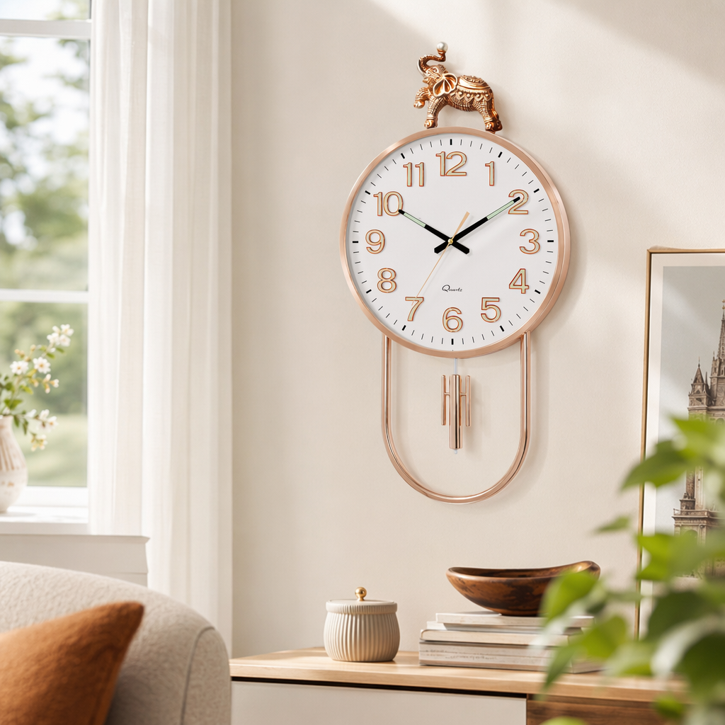 A golden elephant-decorated wall clock, a simple Nordic-style silent wall-mounted clock for the living room and bedroom details Picture