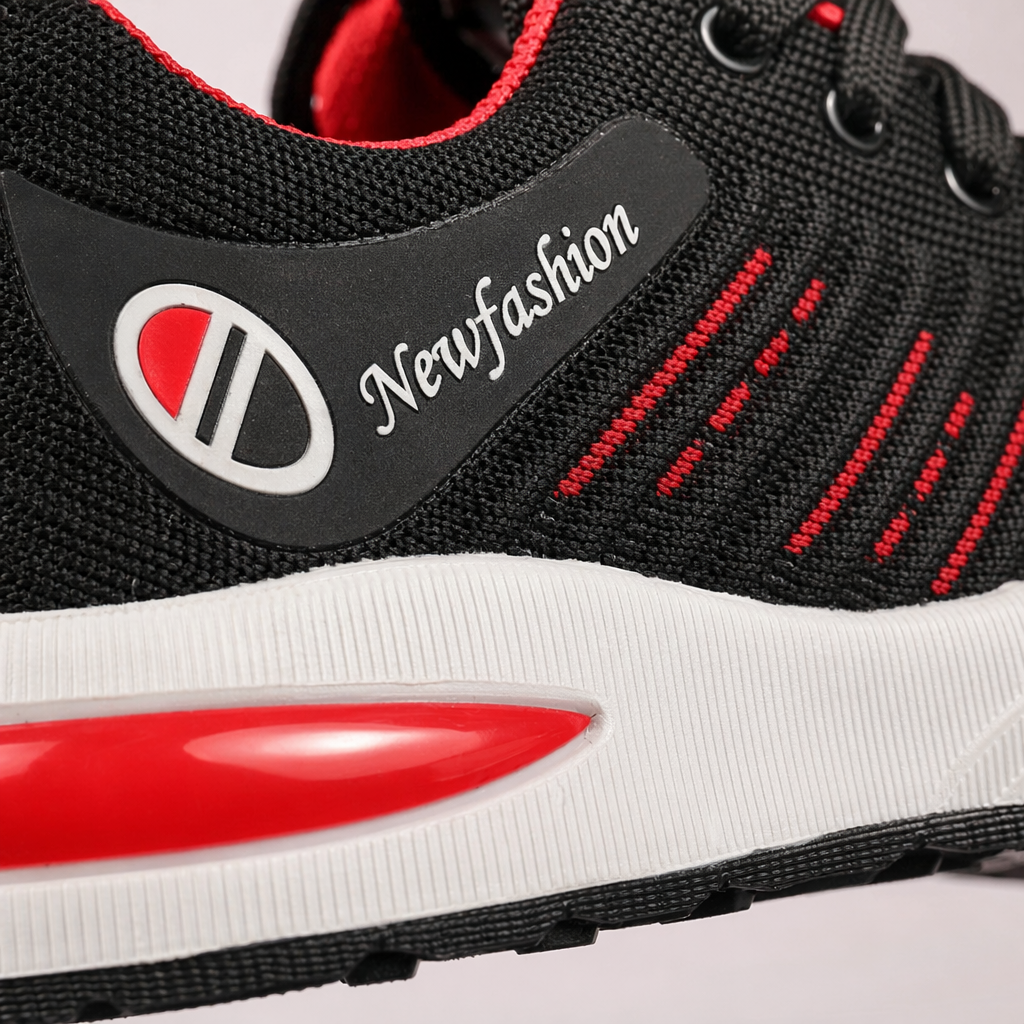 Three pairs of men's sports shoes in black, grey and red Application Scenario