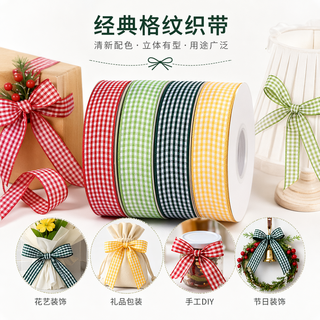 Colored checkered ribbon roll, 10 meters wide, 3 centimeters, cotton and linen blend, for decorative gift packaging full image