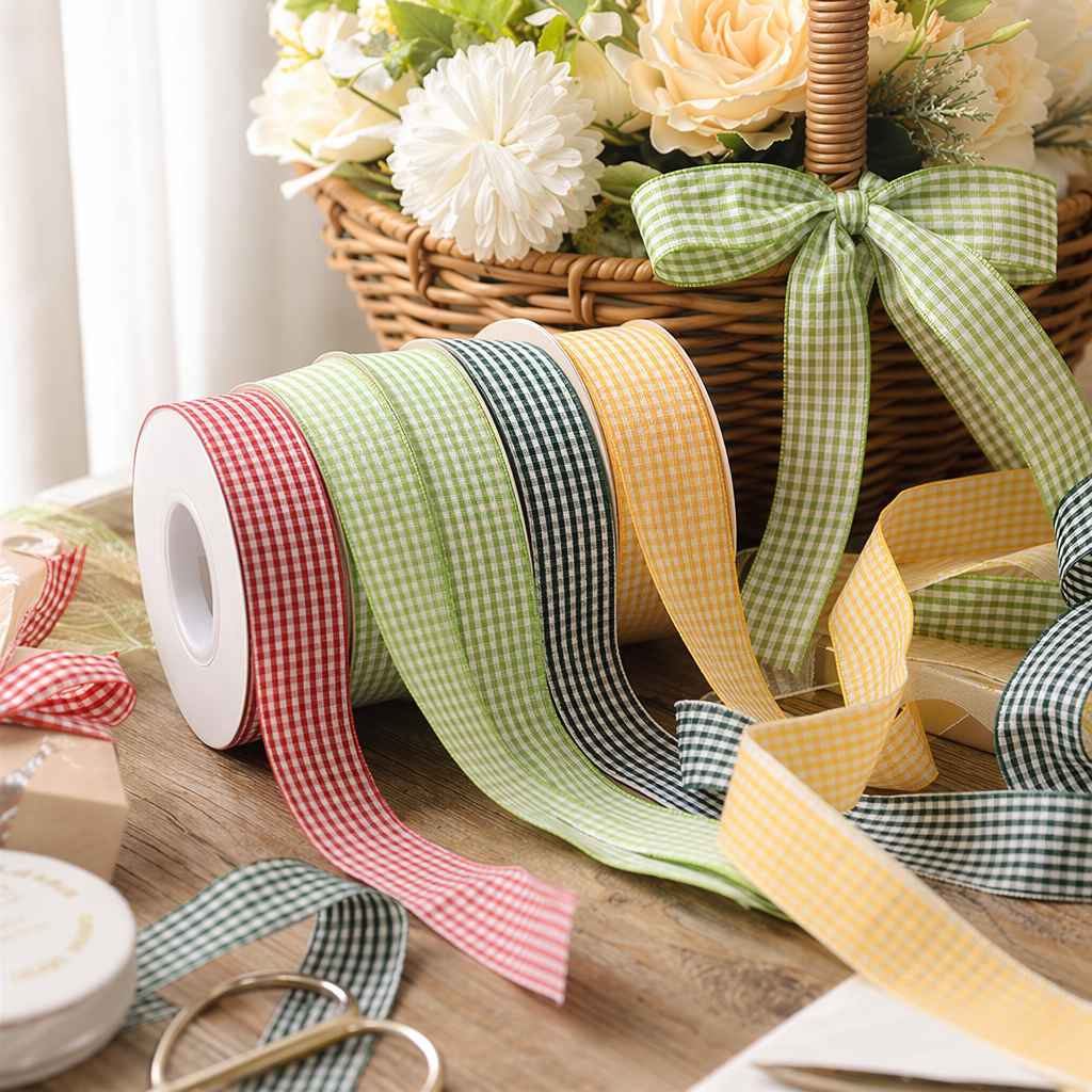 Colored checkered ribbon roll, 10 meters wide, 3 centimeters, cotton and linen blend, for decorative gift packaging details Picture