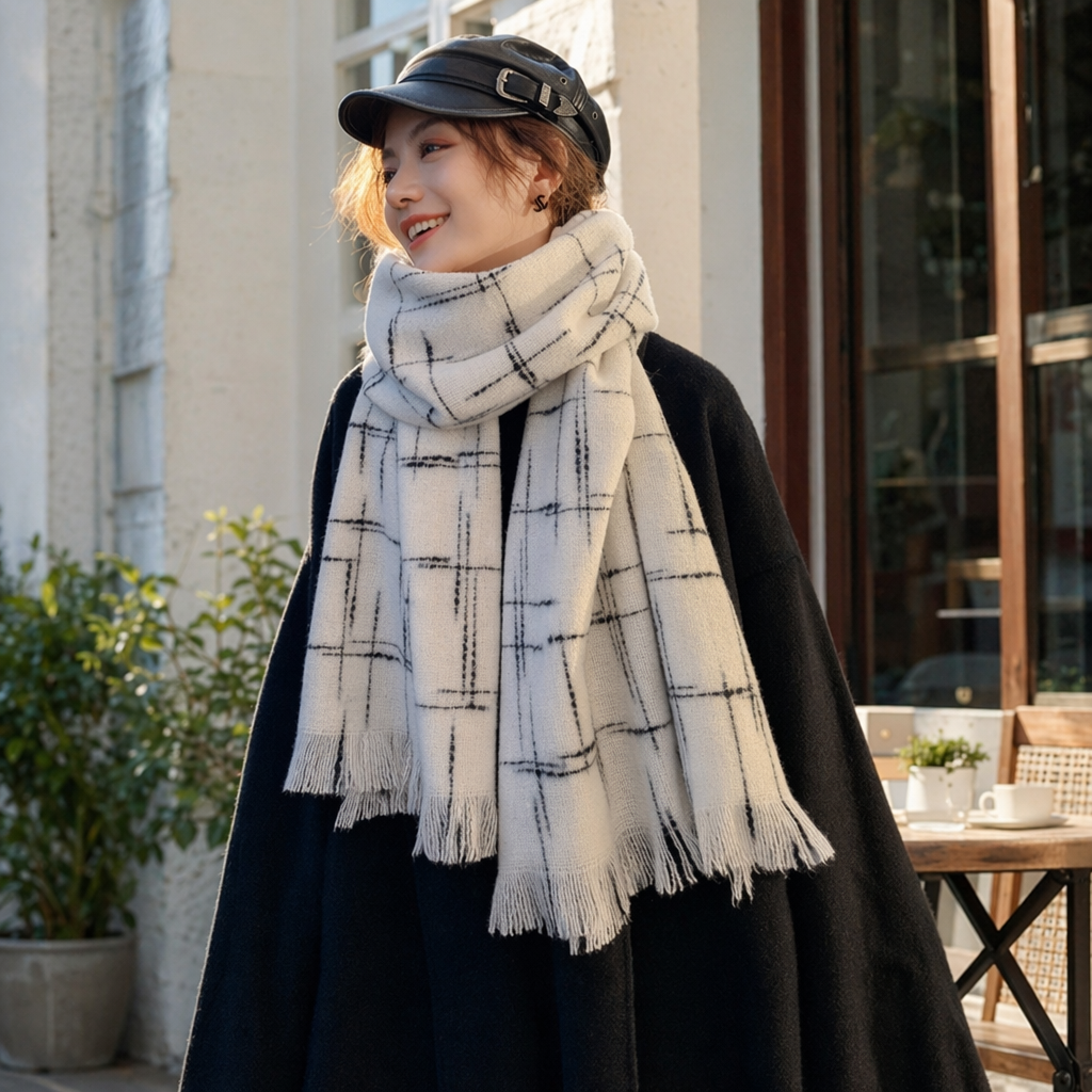 Beige checkered tassel scarf, a warm autumn and winter pure cotton knitted women's accessory details Picture